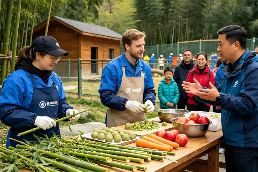 Volunteers making panda steamed buns at Wolong Panda Base