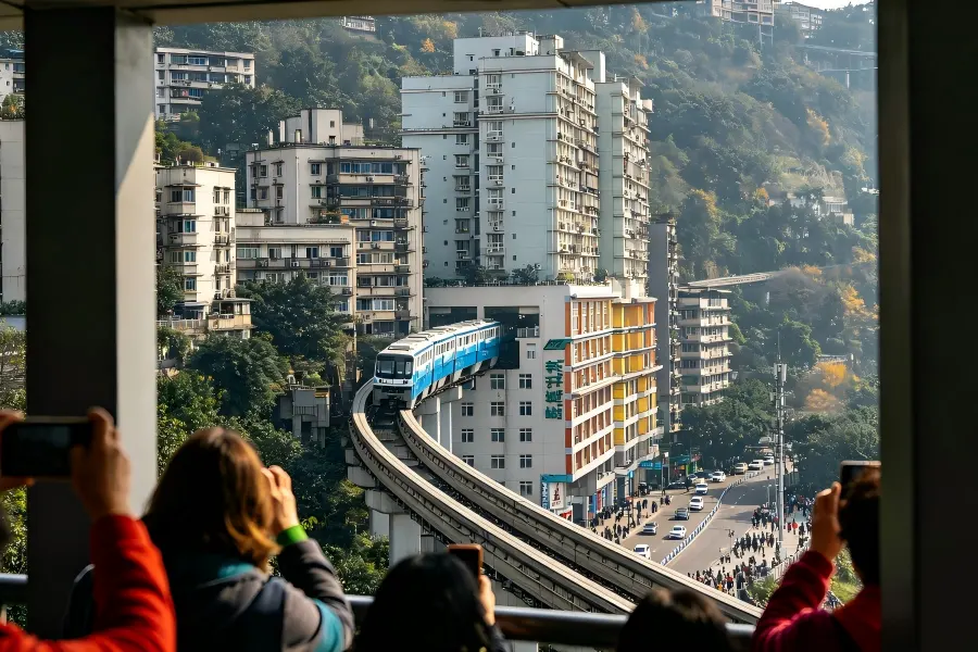 Liziba Station,Chongqing Liziba monorail station, train runs through residential building, Chongqing