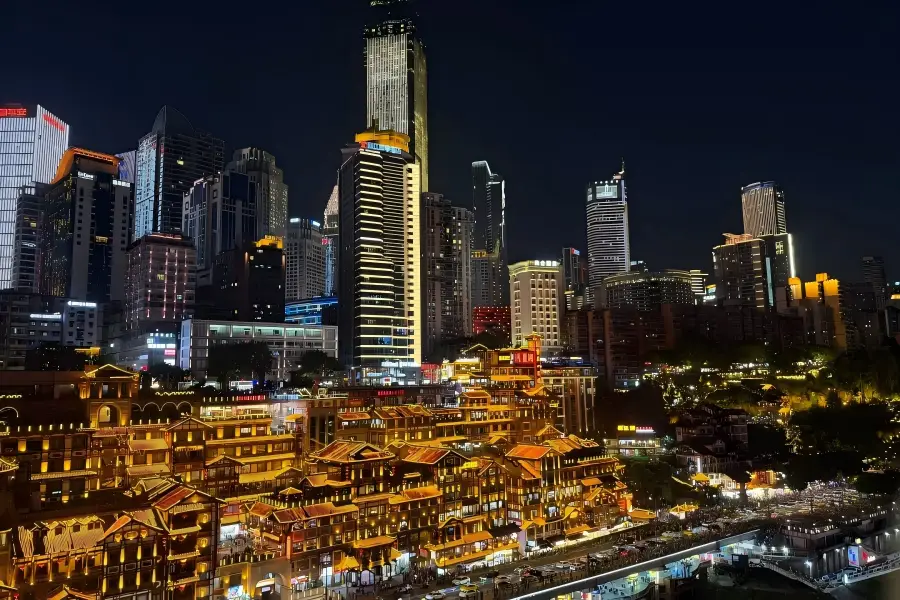 Hongyadong,Chongqing Brilliant night view of Hongyadong stilt?house complex by Jialing River
