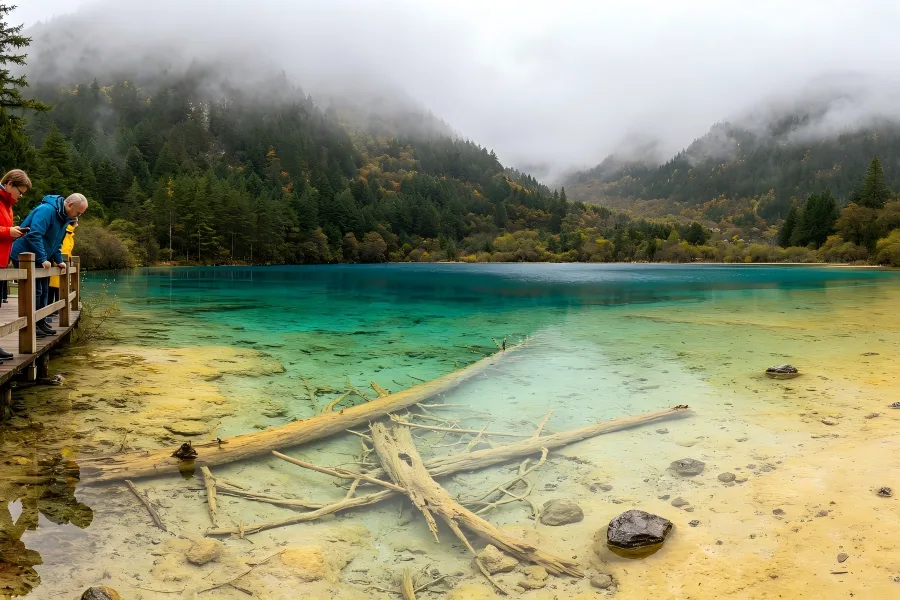 Five Flower Lake,Jiuzhaigou Five Flower Lake, multicolored crystal?clear lake with submerged tree trunks, iconic highlight of Jiuzhaigou