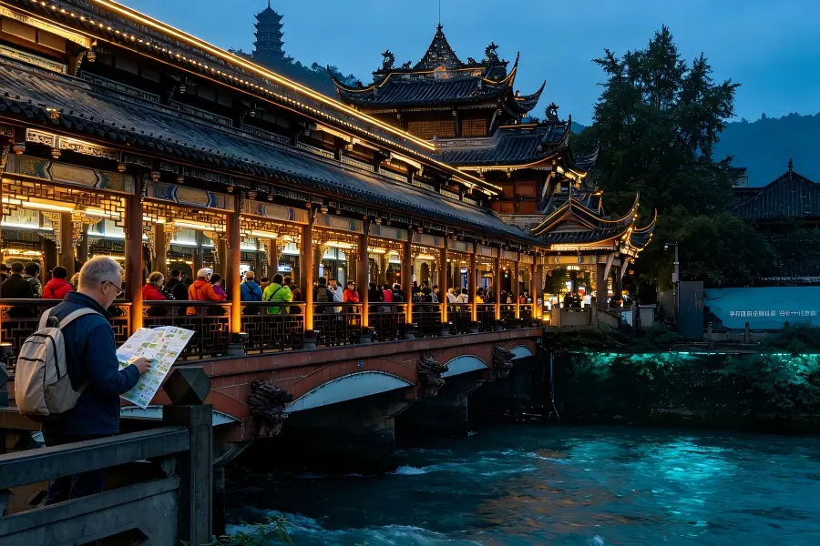 Nanqiao ancient covered bridge over Minjiang river, Dujiangyan old town
