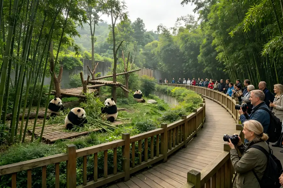 Chengdu Research Base of Giant Panda Breeding Chengdu Research Base of Giant Panda Breeding in Chengdu showing giant pandas playing among bamboo groves