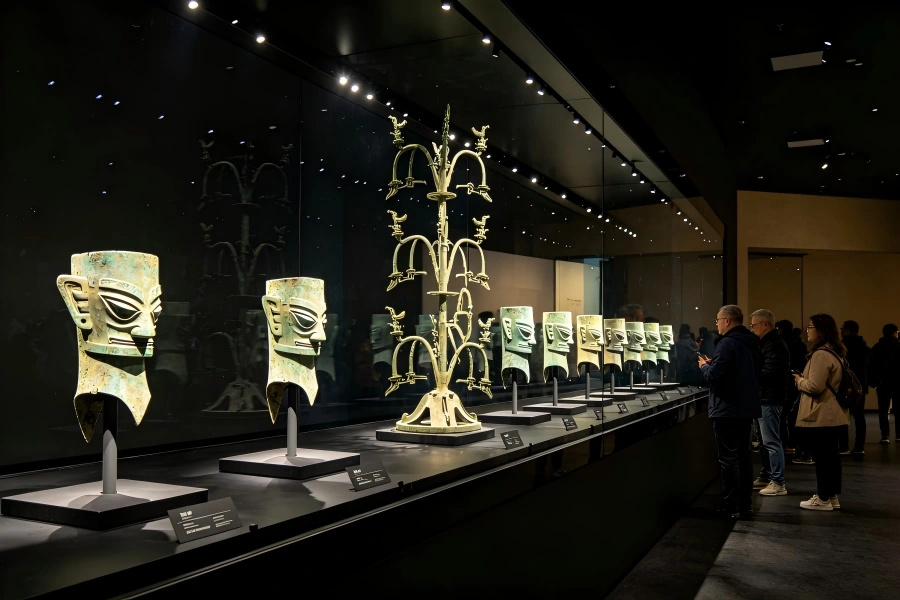 Sanxingdui Museum of Ancient Shu Civilization Sanxingdui Museum in Guanghan displaying grand exhibition hall with precious archaeological finds of ancient Shu