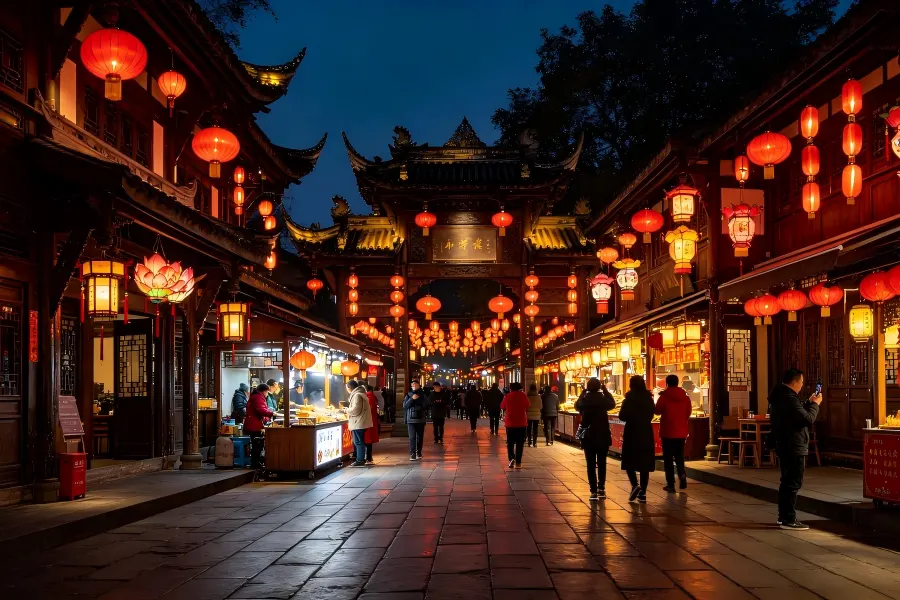 Night Tour of Jinli Ancient Street Jinli Ancient Street in Chengdu presenting bustling night scene adorned with glowing traditional red lanterns