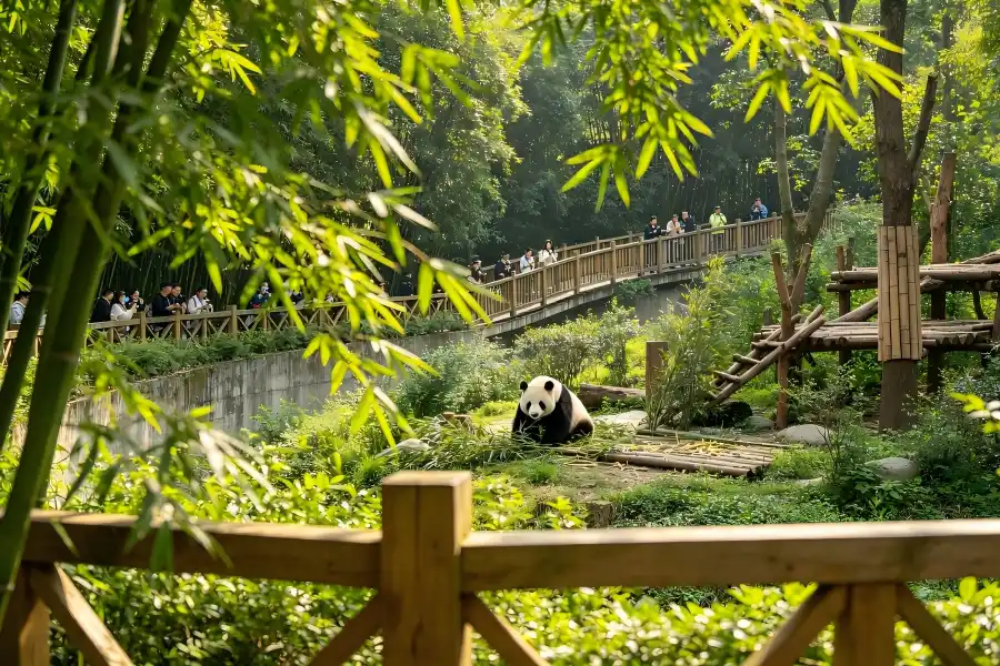 Giant Panda Breeding Research Base in Chengdu depicting giant pandas climbing trees within natural?style panda habitats