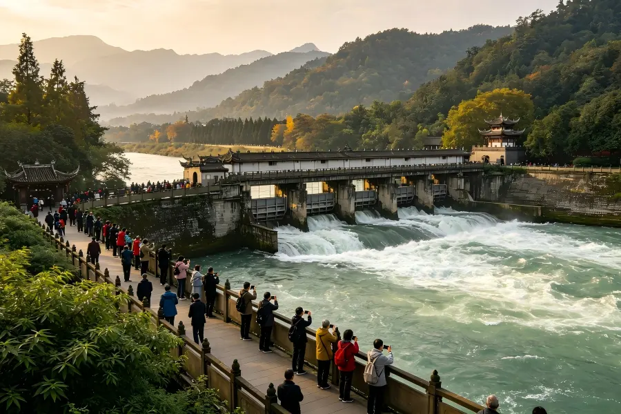 Dujiangyan Irrigation System in Chengdu featuring surging Minjiang River flowing through age?old water?dividing dykes