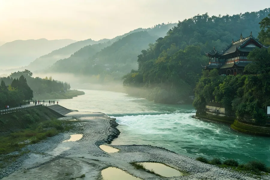 Dujiangyan Irrigation Project in Chengdu revealing ancient stone waterworks against misty mountain landscape