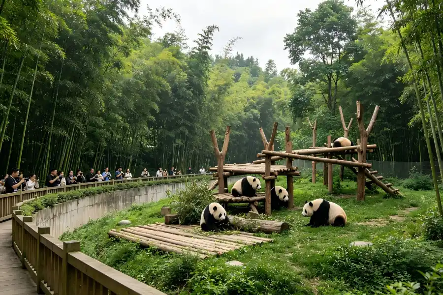 Giant Panda Breeding Research Base in Chengdu illustrating baby giant pandas frolicking in open outdoor yards