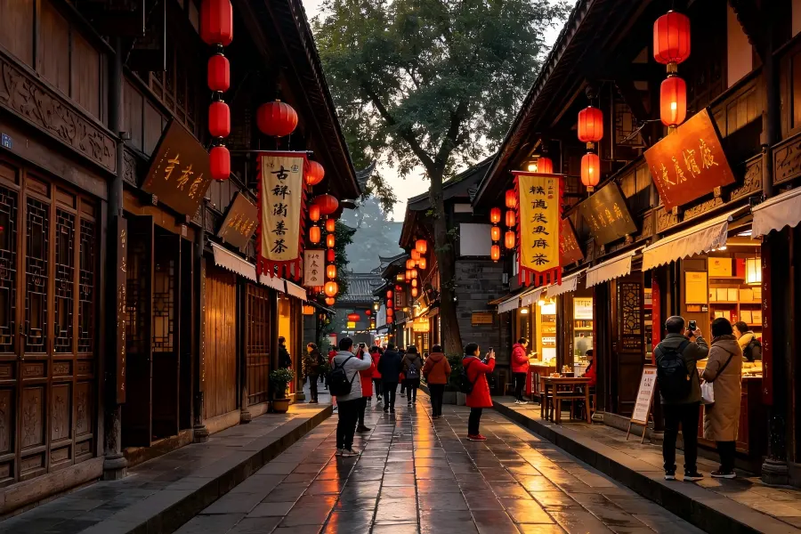 Jinli Ancient Street in Chengdu revealing traditional Sichuan?style wooden buildings along the bustling pedestrian lane