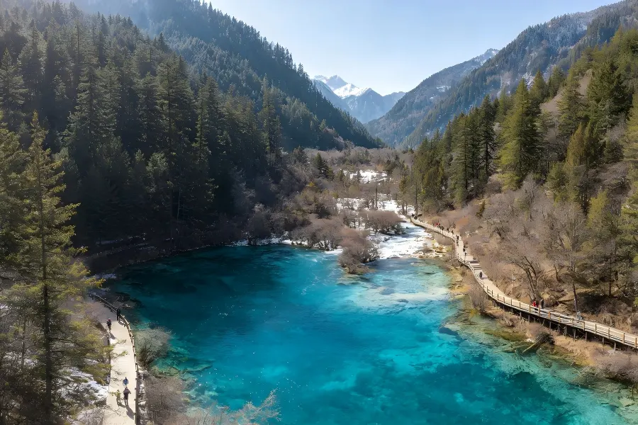 Rize Valley in Jiuzhaigou presenting crystal?clear alpine lakes and cascading waterfalls nestled within dense primeval mountain forests