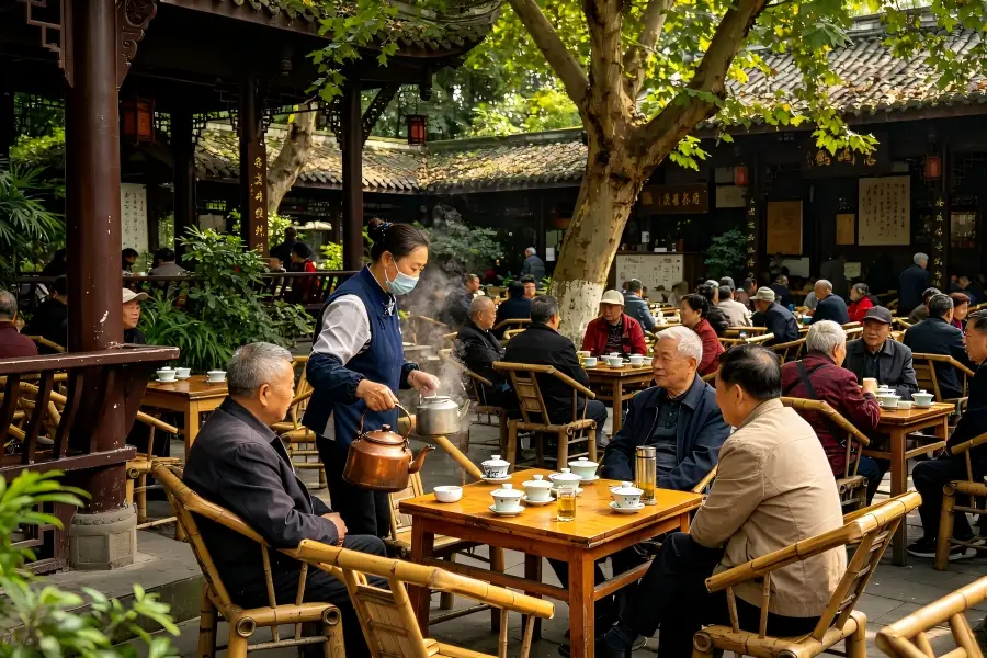 Heming Tea House in Chengdu depicting open?air vintage teahouse shaded by leafy trees with scattered bamboo tables and chairs