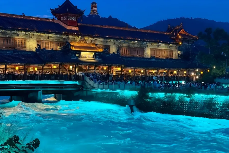 Dujiangyan Irrigation System in Chengdu framing Anlan Suspension Bridge spanning surging Minjiang above the historic fish?mouth water?dividing dyke