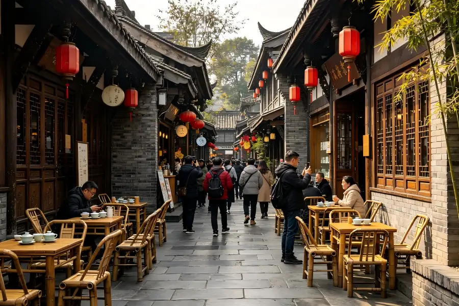 Wide and Narrow Alleys in Chengdu witnessing time?worn flagstone lanes dotted with courtyard teahouses and bustling street?side snack stalls