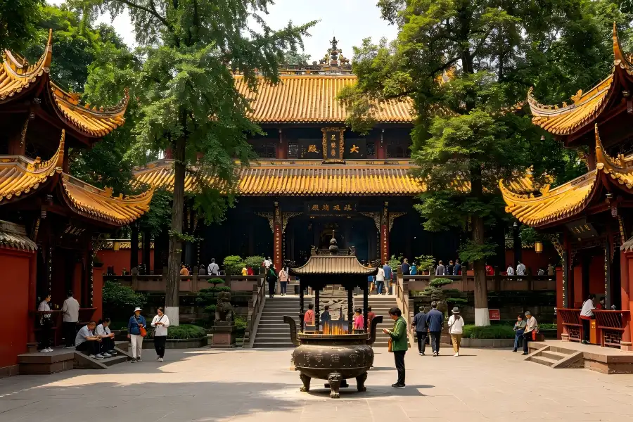 Wenshu Monastery in Chengdu revealing serene temple courtyards shaded by ancient ginkgo trees behind vermilion monastery walls
