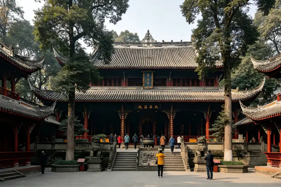 Qingyang Palace in Chengdu capturing intricate octagonal Bagua Pavilion with mortise?and?tenon timber craft amid time?honored Taoist courtyards