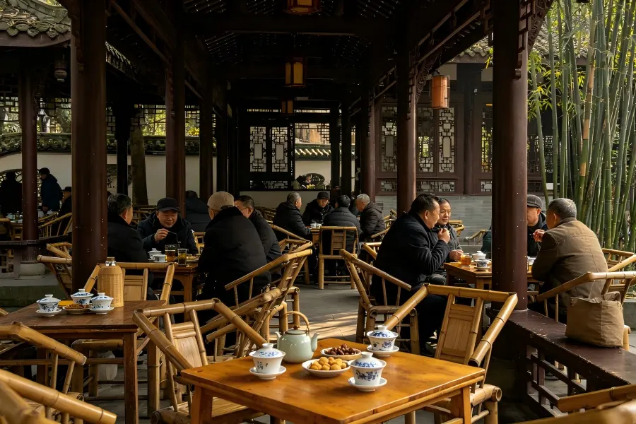 Heming Tea House in Chengdu illustrating locals enjoying slow Sichuan tea culture under sprawling old banyan trees in the public park