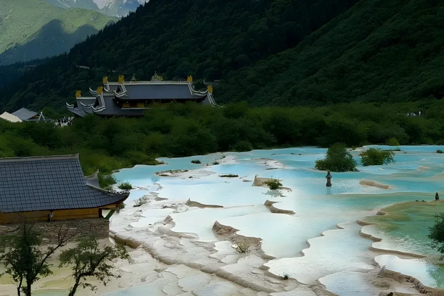 Golden?Dragon Travertine Valley of Huanglong Huanglong Scenic Area in Aba revealing sprawling golden?hued travertine ridges winding down alpine valley dotted with shimmering multi?toned mineral pools