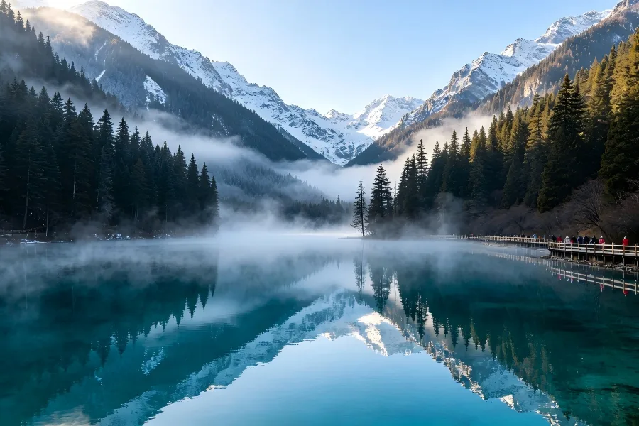 Jiuzhaigou Scenic Reserve in Aba portraying crystal?clear alpine waters mingling with submerged ancient tree trunks beneath steep forest?cloaked mountain slopes