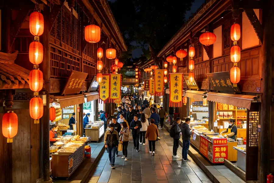 Shu?Style Folk Bazaar Next to Wuhou Shrine Jinli Ancient Street in Chengdu brimming with lively daytime folk?culture lanes lined with Sichuan?style wooden buildings, snack stalls and handicraft vendor booths