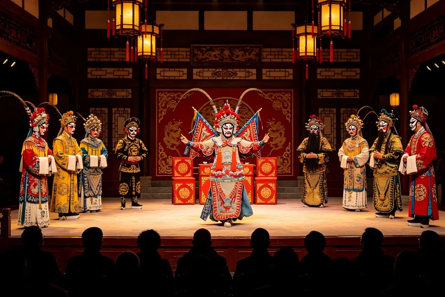 Traditional Teahouse Sichuan?Opera Night Spectacle Shufeng Yayun Sichuan Opera in Chengdu witnessing classic teahouse?style opera performance, performers in ornate costumes presenting face?changing and fire?spitting stunts under vintage stage lighting