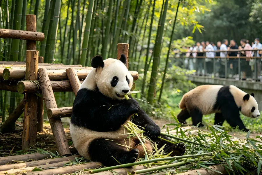 Chengdu Research Base of Giant Panda Breeding spotting fluffy giant pandas munching fresh bamboo amid misty lush bamboo groves and simulated natural enclosures
