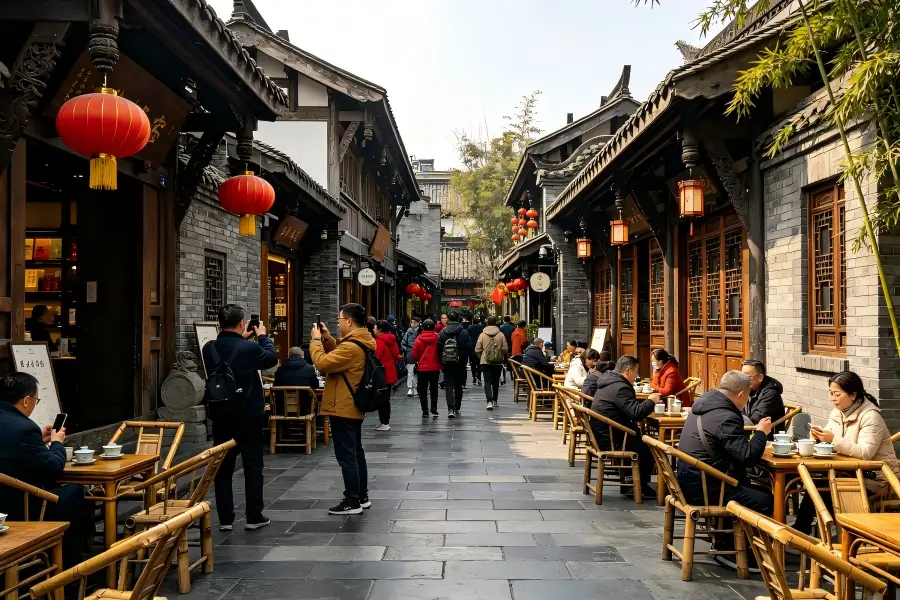 Wide and Narrow Alleys in Chengdu witnessing quiet morning stone?paved Qing?era courtyards, grey tile roofs and hanging red lanterns before tourist crowds arrive