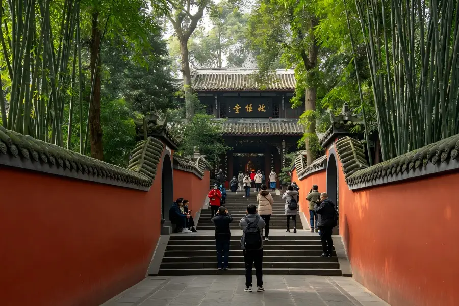 Wuhou Shrine in Chengdu sensing solemn ancient memorial halls dotted with towering aged cypresses, preserving Three?Kingdom historical legacy of Zhuge Liang