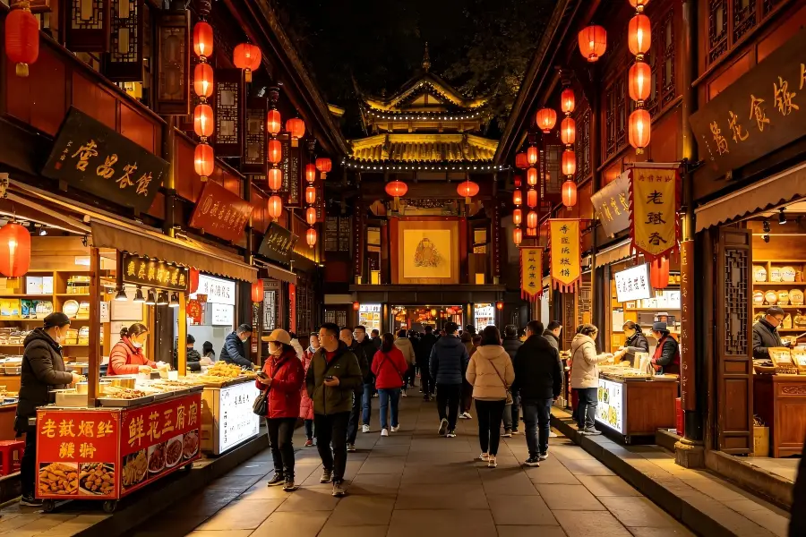 Jinli Ancient Street in Chengdu brimming with bustling daytime Shu?style pedestrian lanes lined with snack stalls, handicraft shops and upturned?eave timber buildings