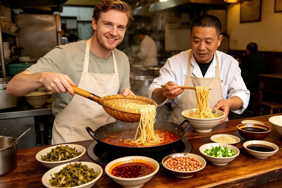 Cook Dan Dan Noodles Hands on experience learning to cook Dan Dan noodles in Sichuan