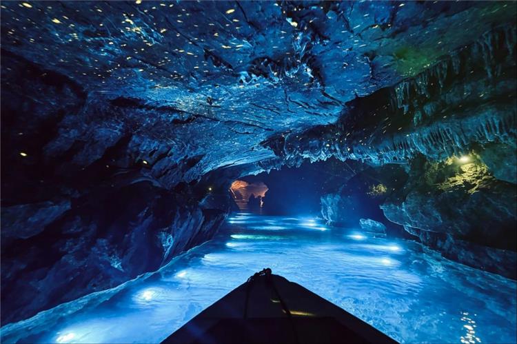 Dreamy blue waterway inside a cave at Hangzhou OMG Heartbeat Park