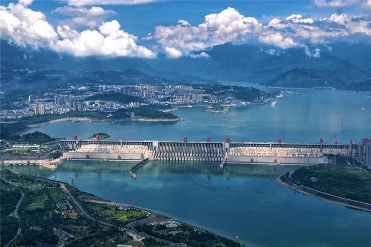 Aerial panorama of the massive Three Gorges Dam, vast reservoir