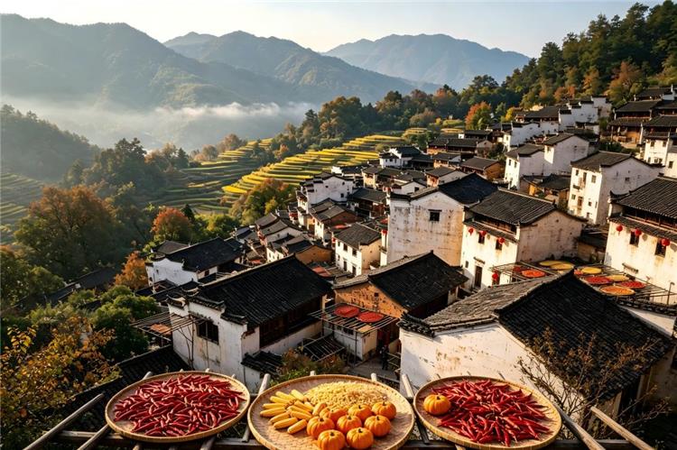 Wuyuan Autumn Village Wuyuan village with autumn harvest displays and white-walled homes