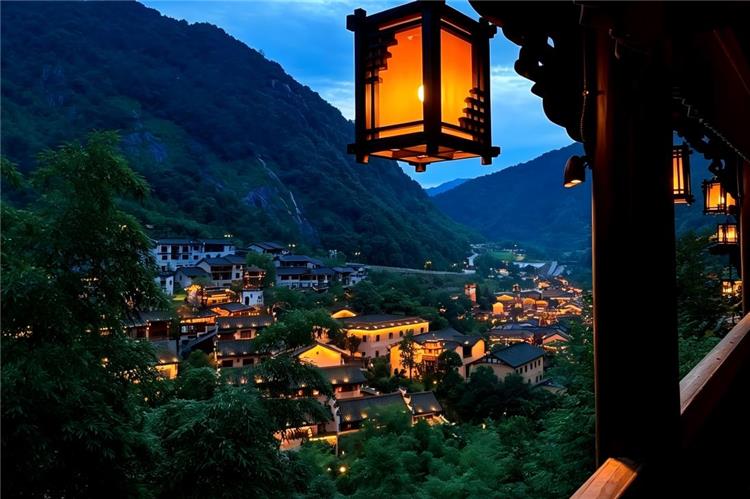 Wangxiangu Night Scene Wangxiangu valley at night with glowing lanterns and mountain village lights