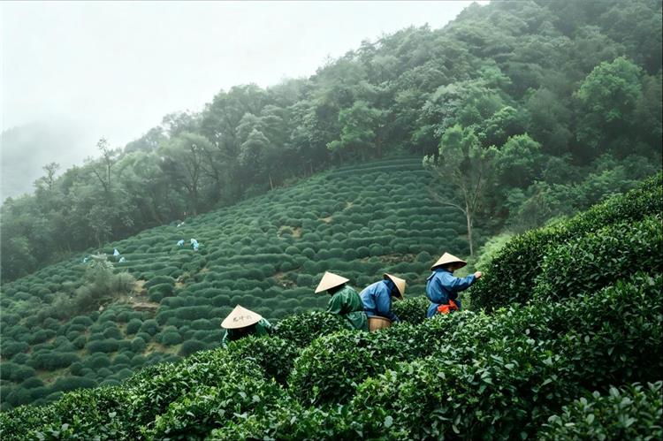 Meijiawu Tea Village, Hangzhou Tea pickers working among lush terraced tea bushes in Meijiawu Tea Village