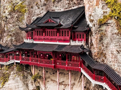 The marvellous spectacle of Daci rock Hanging Temple during Jiande day tour from Hangzhou
