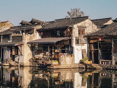 Lesser-crowded Nanxun Water Town Landscape Featuring Old Riverside Houses and Tranquil Canal Reflections