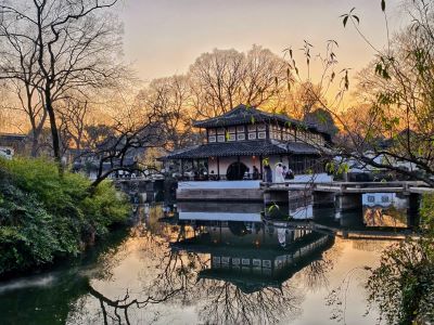Traditional waterside ancient pavilion view in Humble Administrator's Garden, representative Suzhou classical garden