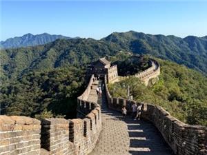 Panoramic view of Mutianyu Great Wall winding through green mountain ridges under clear blue sky