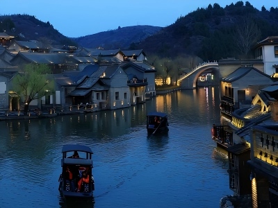 Gubei Water Town Beijing Evening Canal Wooden Row Boats Ancient Stone Town Tour