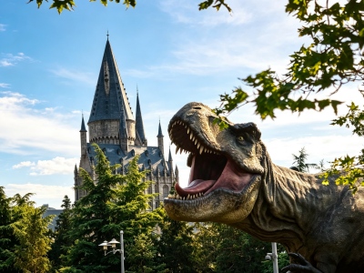Tyrannosaurus Rex Statue With Hogwarts Castle Background At Universal Beijing Resort Theme Park Tour