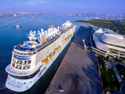 International cruise ship docked at Tianjin Cruise Port with panoramic view