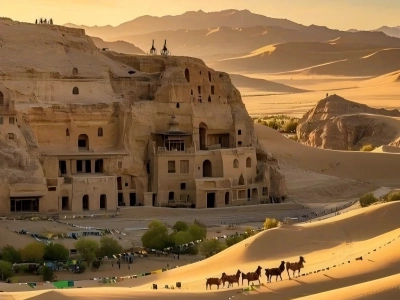Ancient cliff caves of Mogao Grottoes surrounded by desert dunes and camel caravan at golden hour