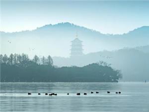 Leifeng Pagoda Shrouded In Morning Mist Over West Lake Hangzhou Wild Ducks On Calm Water