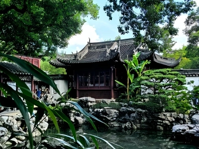 Ancient wooden pavilion in Shanghai Yu Garden, traditional Chinese garden architecture