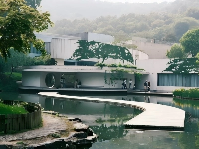 Modern minimalist building of China National Silk Museum surrounded by pond and green mountains in Hangzhou