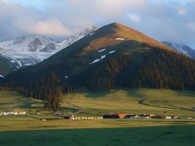 Kalajun Grassland in Xinjiang with green meadows, snow-capped mountains, forests, and a peaceful valley landscape