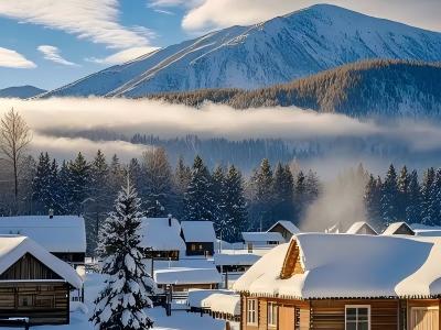 Snow-covered wooden houses and pine trees in China Snow Village surrounded by misty mountains in winter