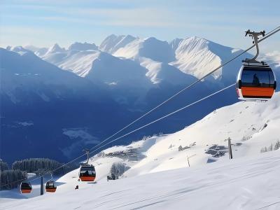 Cable cars riding above the snow-covered slopes of Yabuli Ski Resort with mountain scenery in Heilongjiang
