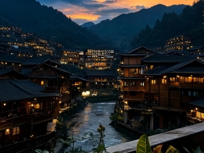 Xijiang Miao village at dusk, lit stilt?houses along river surrounded by mountains