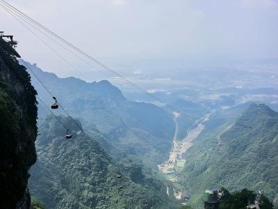 Tianmen Mountain in Zhangjiajie with cable cars, steep cliffs, green valleys, and panoramic mountain scenery